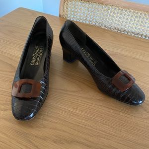 Ferragamo Mod Brown Croc Heels